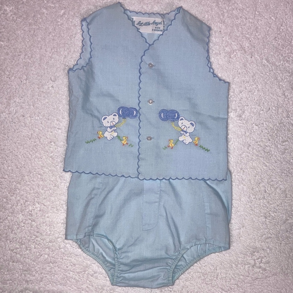 Vintage 70’s a little angel button vest teddy bear balloon set 3/6m